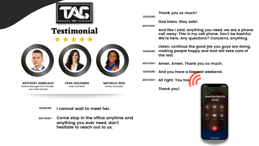 TAG testimonial graphic with client phone call excerpt