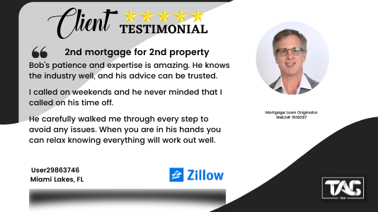 Client testimonial graphic: 2nd mortgage for a 2nd property, five-star Zillow review