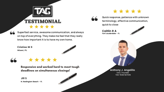 TAG testimonial graphic with five-star client reviews