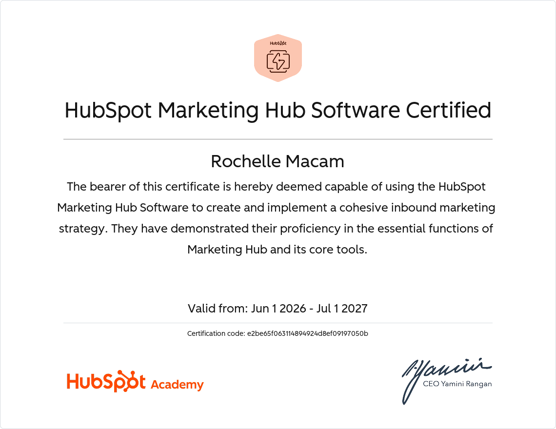 Rochelle Macam - HubSpot Marketing Hub Software Certified
